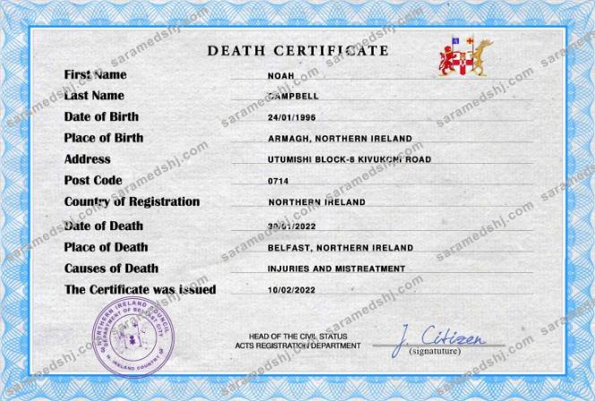 Northern Ireland death certificate PSD template